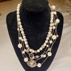 Lia Sophia RMN Faux Pearl Silver Tone Rhinestone Necklace Chokers Stack Lot 3